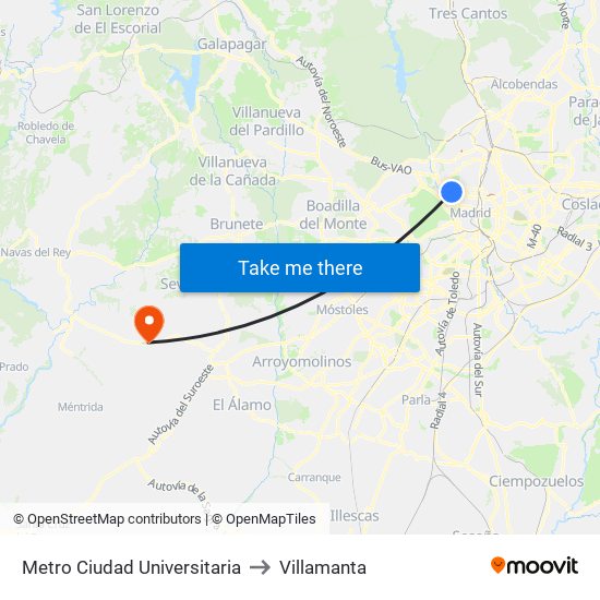 Metro Ciudad Universitaria to Villamanta map