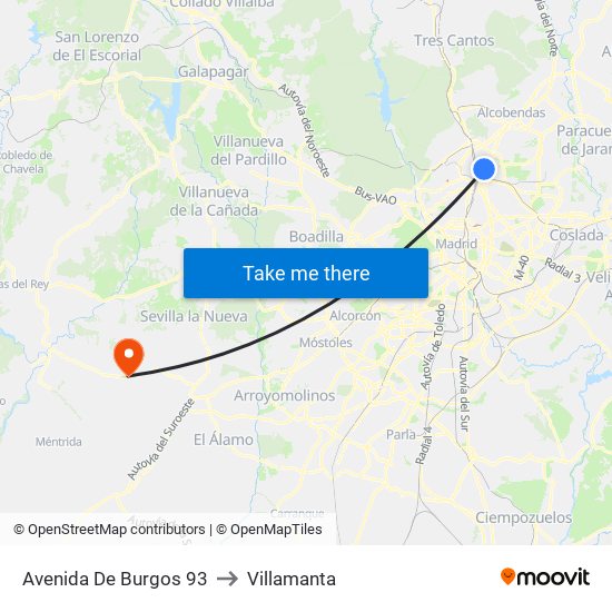 Avenida De Burgos 93 to Villamanta map