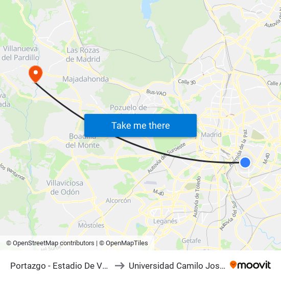 Portazgo - Estadio De Vallecas to Universidad Camilo José Cela map