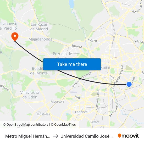 Metro Miguel Hernández to Universidad Camilo José Cela map