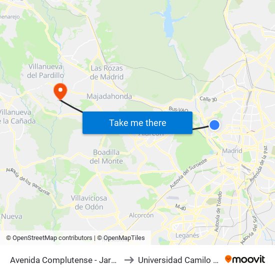 Avenida Complutense - Jardín Botánico to Universidad Camilo José Cela map