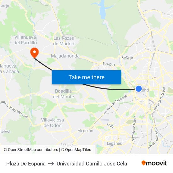 Plaza De España to Universidad Camilo José Cela map