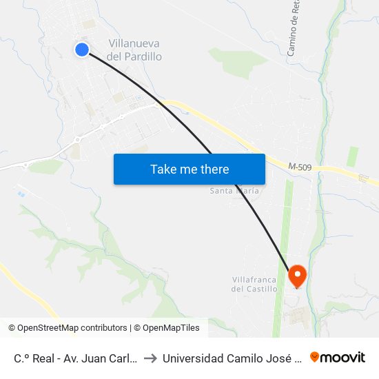 C.º Real - Av. Juan Carlos I to Universidad Camilo José Cela map