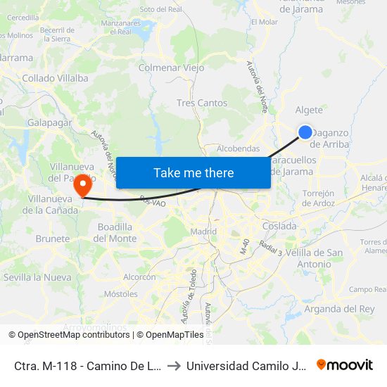 Ctra. M-118 - Camino De La Dehesa to Universidad Camilo José Cela map