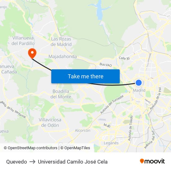 Quevedo to Universidad Camilo José Cela map