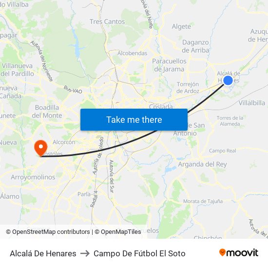 Alcalá De Henares to Campo De Fútbol El Soto map