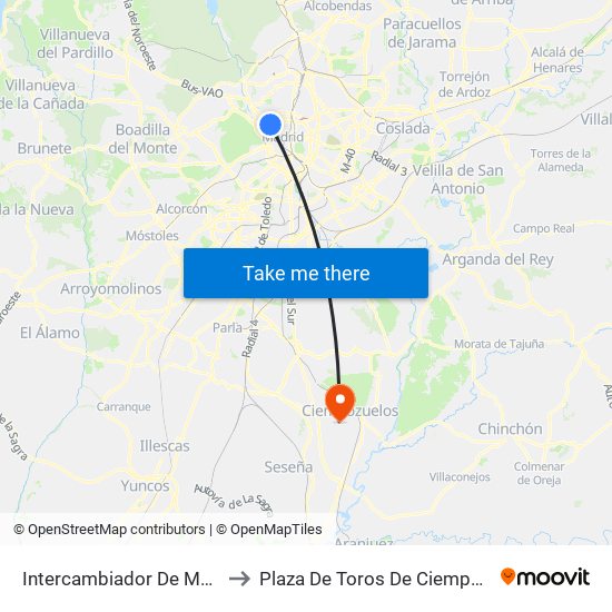 Intercambiador De Moncloa to Plaza De Toros De Ciempozuelos map