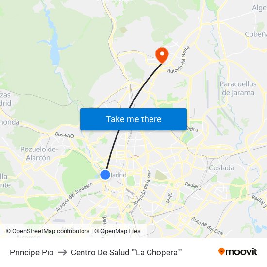 Príncipe Pío to Centro De Salud ""La Chopera"" map