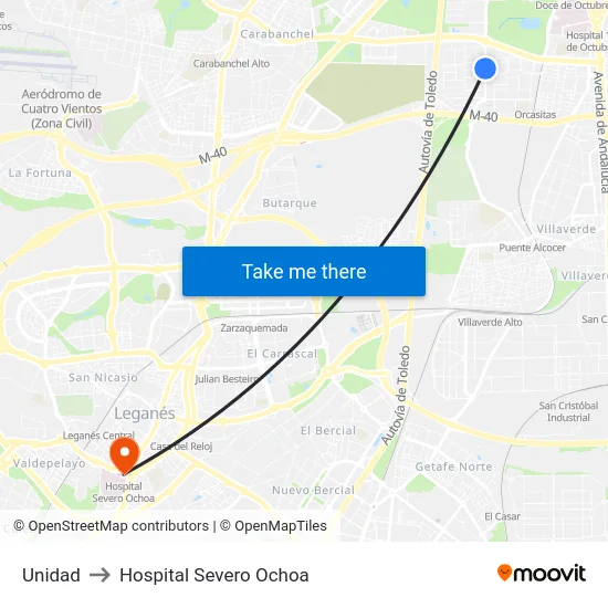Unidad to Hospital Severo Ochoa map