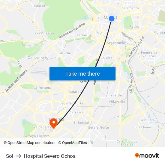 Sol to Hospital Severo Ochoa map