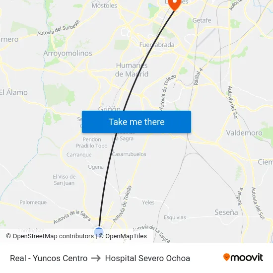 Real - Yuncos Centro to Hospital Severo Ochoa map