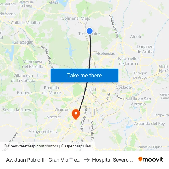Av. Juan Pablo II - Gran Vía Tres Cantos to Hospital Severo Ochoa map