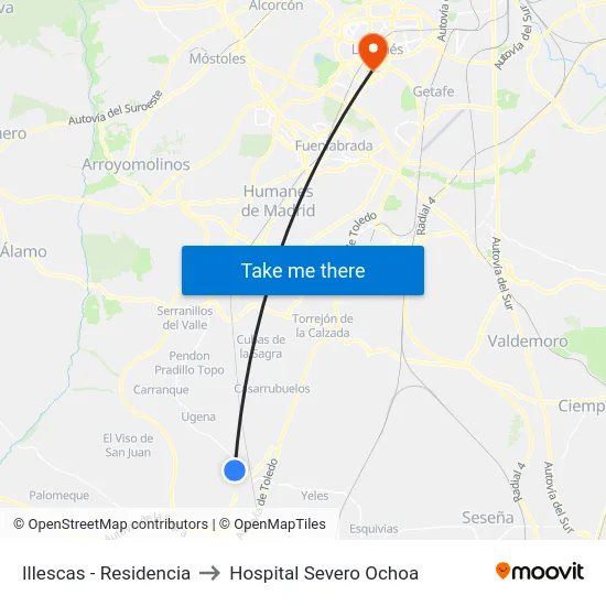 Illescas - Residencia to Hospital Severo Ochoa map