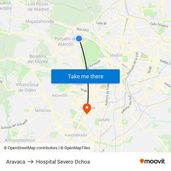 Aravaca to Hospital Severo Ochoa map