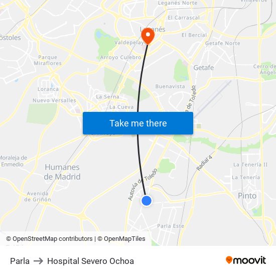 Parla to Hospital Severo Ochoa map