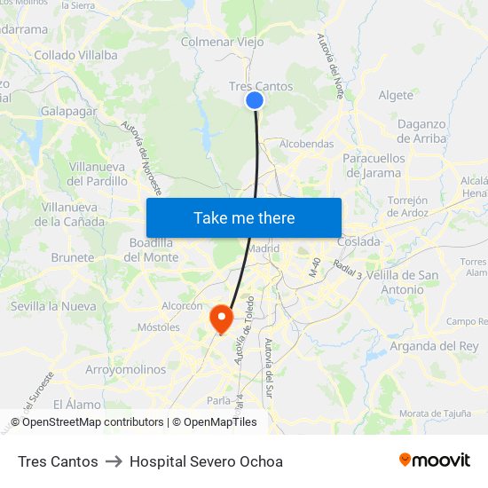 Tres Cantos to Hospital Severo Ochoa map