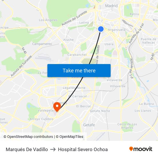 Marqués De Vadillo to Hospital Severo Ochoa map