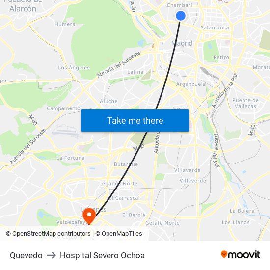 Quevedo to Hospital Severo Ochoa map