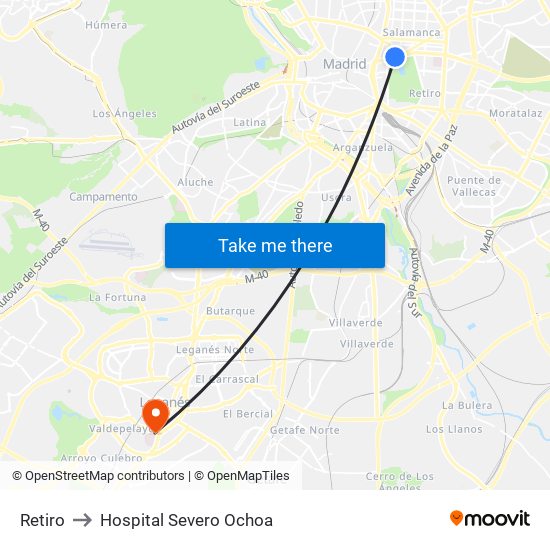 Retiro to Hospital Severo Ochoa map