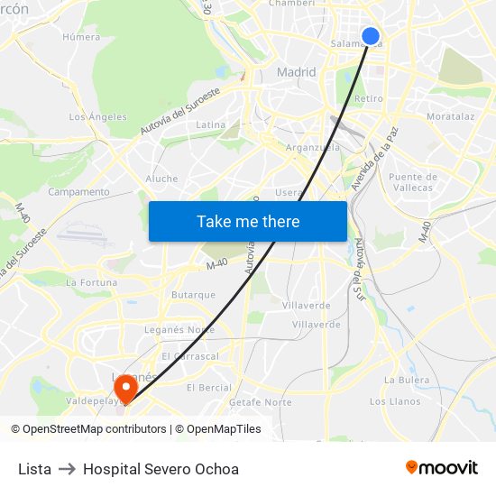 Lista to Hospital Severo Ochoa map