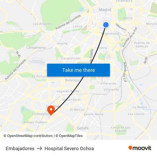 Embajadores to Hospital Severo Ochoa map