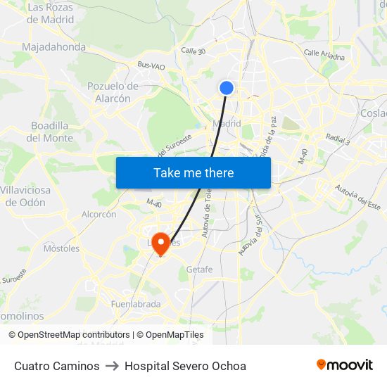 Cuatro Caminos to Hospital Severo Ochoa map