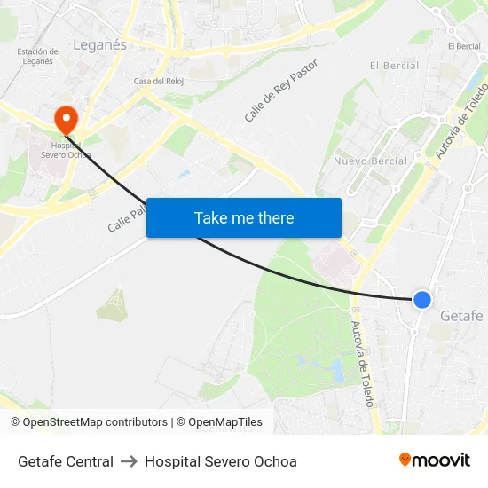 Getafe Central to Hospital Severo Ochoa map