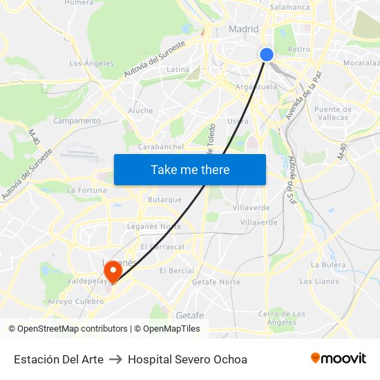 Estación Del Arte to Hospital Severo Ochoa map