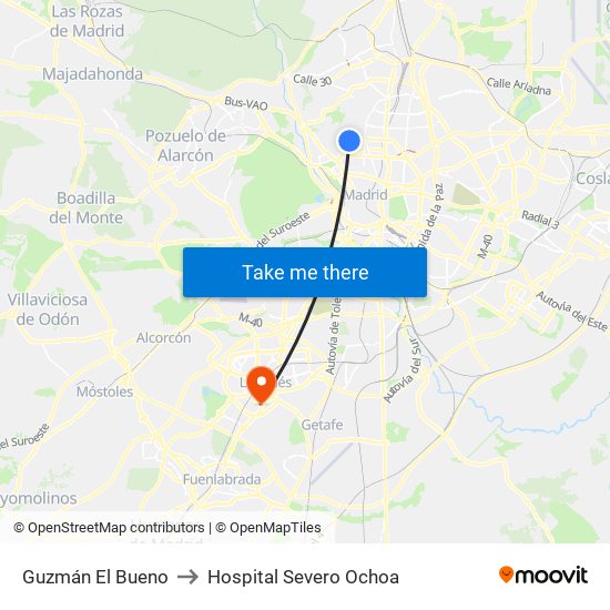Guzmán El Bueno to Hospital Severo Ochoa map