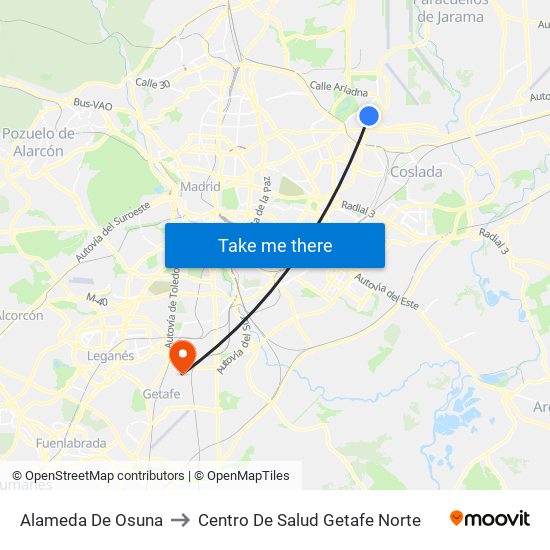 Alameda De Osuna to Centro De Salud Getafe Norte map
