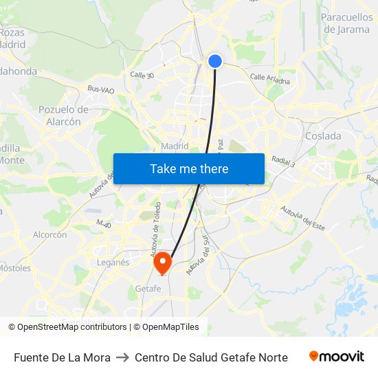 Fuente De La Mora to Centro De Salud Getafe Norte map