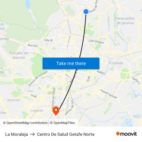 La Moraleja to Centro De Salud Getafe Norte map