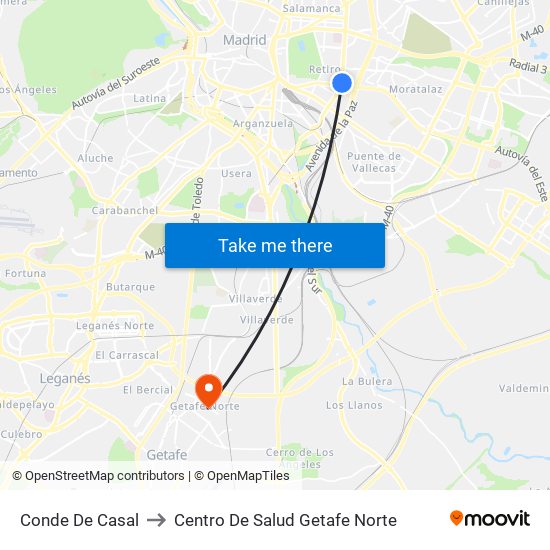 Conde De Casal to Centro De Salud Getafe Norte map