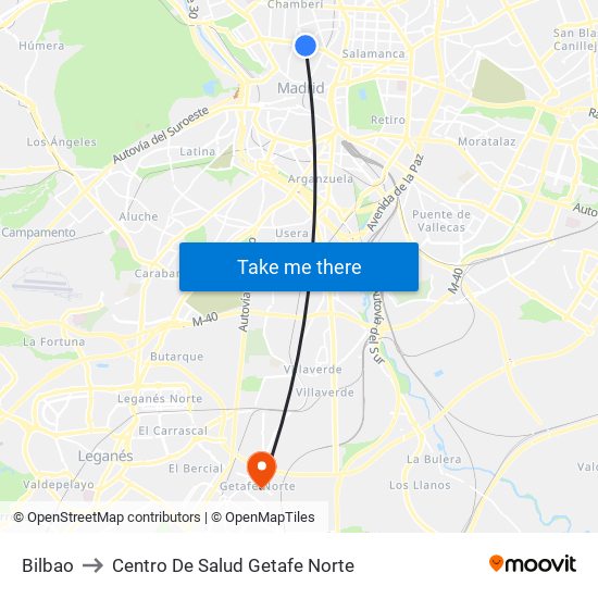Bilbao to Centro De Salud Getafe Norte map