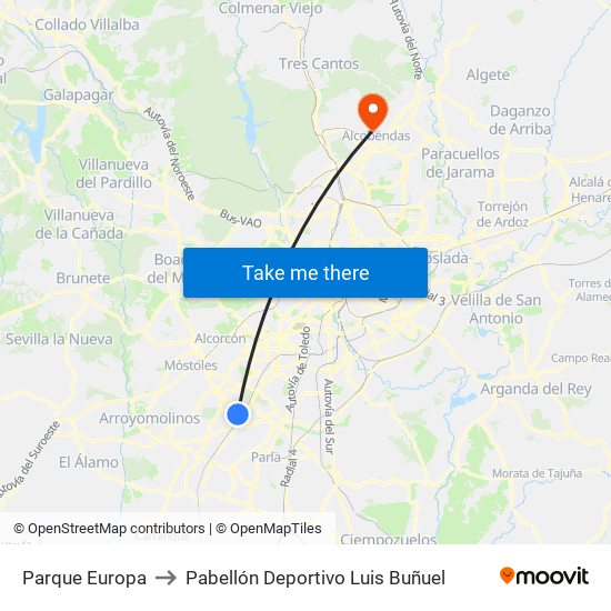 Parque Europa to Pabellón Deportivo Luis Buñuel map
