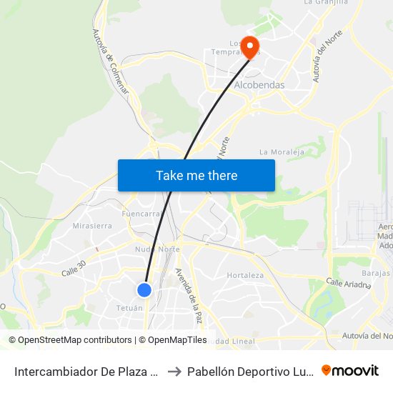 Intercambiador De Plaza De Castilla to Pabellón Deportivo Luis Buñuel map