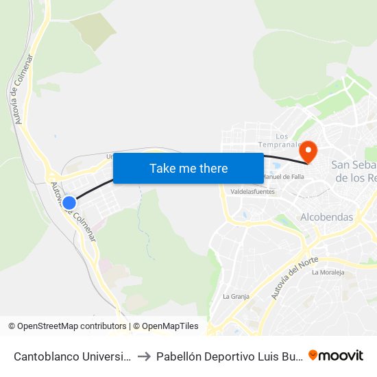 Cantoblanco Universidad to Pabellón Deportivo Luis Buñuel map