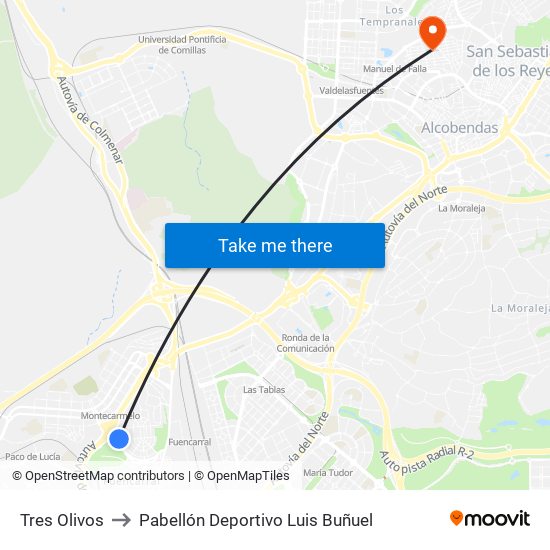 Tres Olivos to Pabellón Deportivo Luis Buñuel map