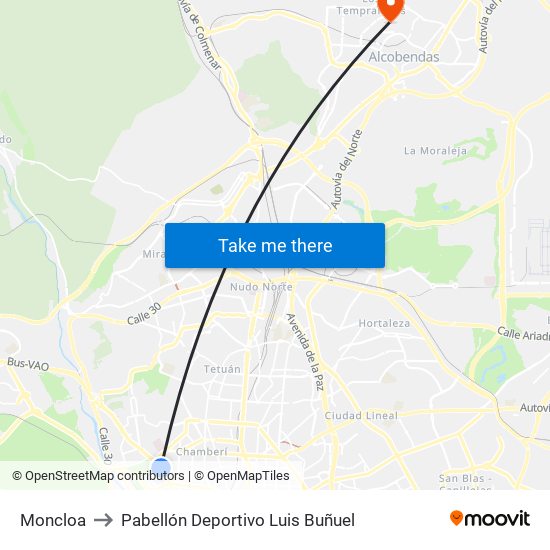 Moncloa to Pabellón Deportivo Luis Buñuel map