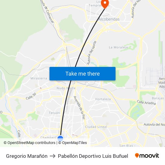 Gregorio Marañón to Pabellón Deportivo Luis Buñuel map