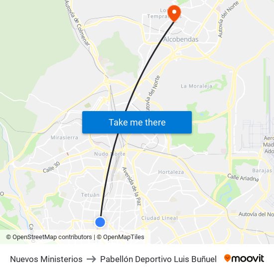 Nuevos Ministerios to Pabellón Deportivo Luis Buñuel map