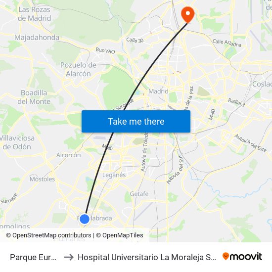 Parque Europa to Hospital Universitario La Moraleja Sanitas map