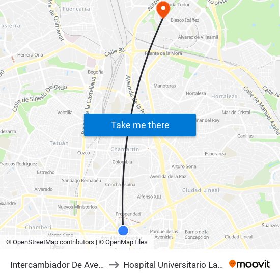 Intercambiador De Avenida De América to Hospital Universitario La Moraleja Sanitas map
