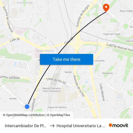 Intercambiador De Plaza De Castilla to Hospital Universitario La Moraleja Sanitas map