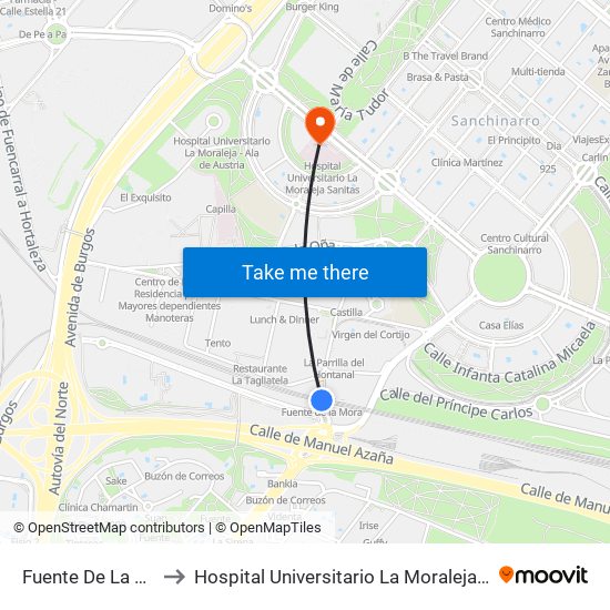 Fuente De La Mora to Hospital Universitario La Moraleja Sanitas map