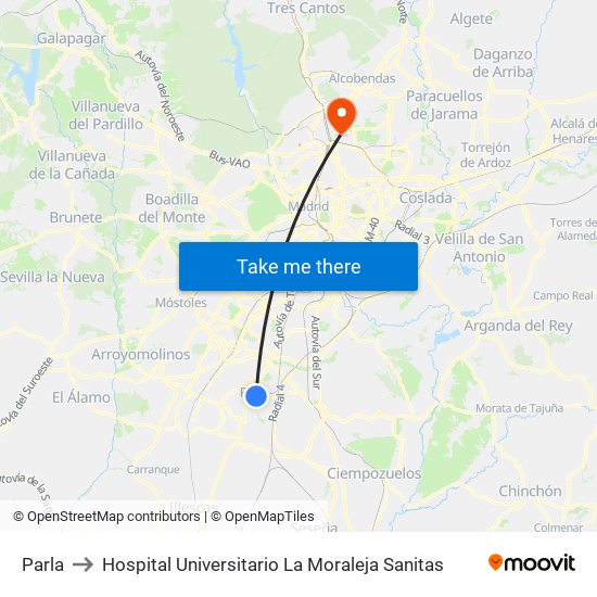 Parla to Hospital Universitario La Moraleja Sanitas map