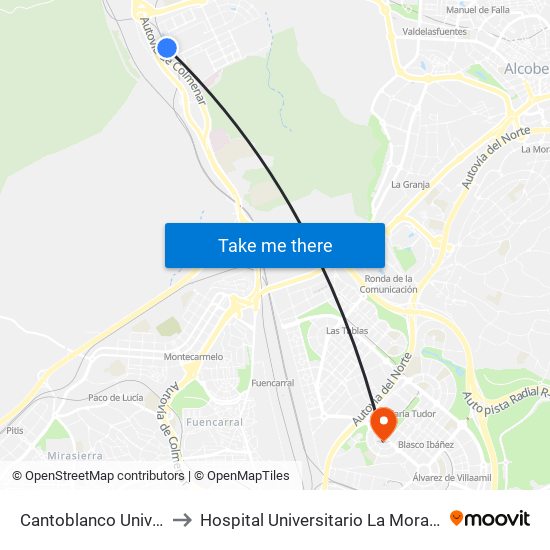 Cantoblanco Universidad to Hospital Universitario La Moraleja Sanitas map
