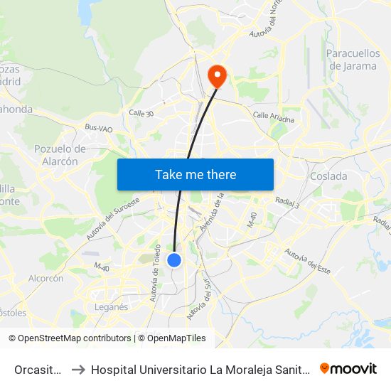 Orcasitas to Hospital Universitario La Moraleja Sanitas map