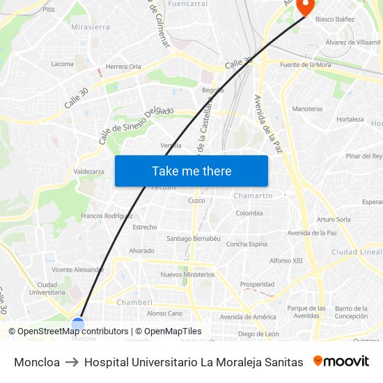 Moncloa to Hospital Universitario La Moraleja Sanitas map