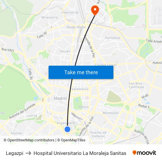 Legazpi to Hospital Universitario La Moraleja Sanitas map